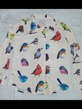 Cream Shirt with Multicolor Bird Motif